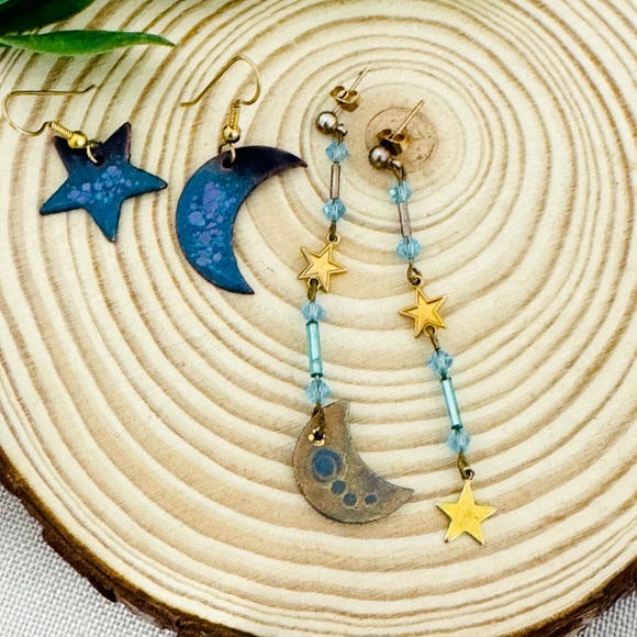 Jewelry - Bundle 2 pairs Blue and Gold Star and Moon Earrings handmade artisan